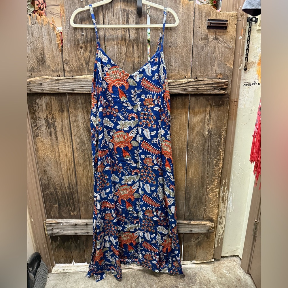 “Shore Drive” Floral Blue and Orange Midi Dress